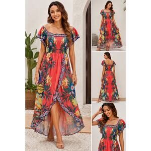 Jealous Tomato Red Tropical Floral Hi-Low Midi Dress Summer Vacation Medium